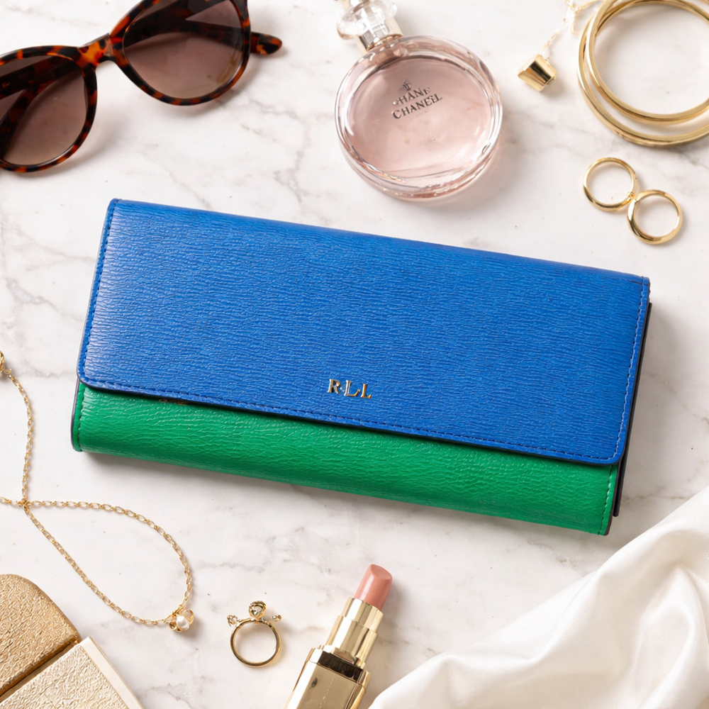 Women's Lauren Ralph Lauren Saffiano Slim Leather Wallet Blue Green